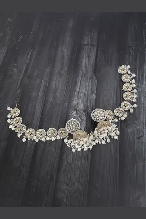 AURAA Trends Gold Plated Pearls Dome Shape Jhumkas With Hair Chain