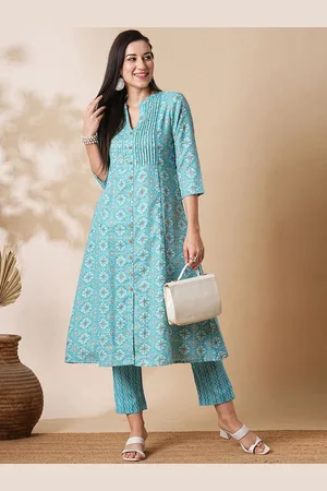 Globus Blue Floral Printed Mandarin Collar Pleated A-Line Kurta with Trousers
