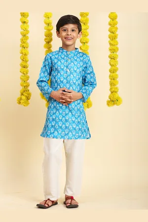 Cutiekins Boys Floral Printed Band Collar Pure Cotton Straight Kurta With Pyjamas