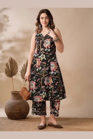 Globus Black & Pink Floral Printed Regular Pure Cotton Kurta with Trousers