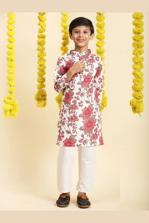 Cutiekins Boys Floral Printed Mandarin Collar Straight Kurta With Trousers
