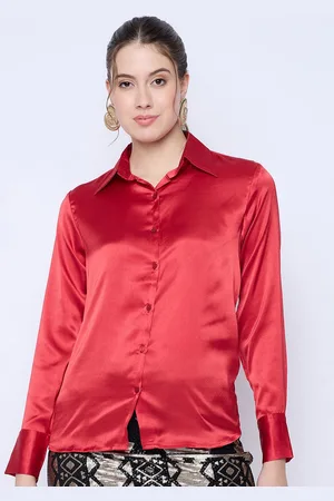 Color Cocktail Women Spread Collar Solid Satin Casual Shirt