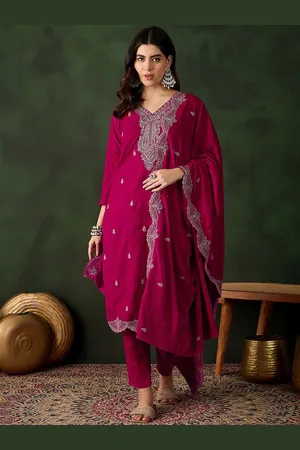 Sangria Floral Embroidered Straight Kurta & Trouser With Dupatta