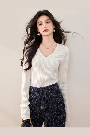 JC Collection Women V-Neck Long Sleeves Ribbed Pullover