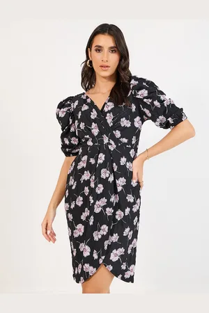 Styli Women Floral Print V-Neck Puff Sleeves Sheath Knee Length Dress