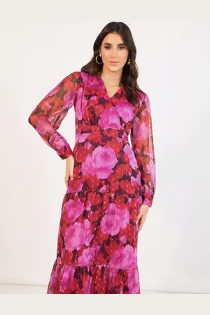Styli Women Floral Print V-Neck Cuff Sleeves Tiered Maxi Dress