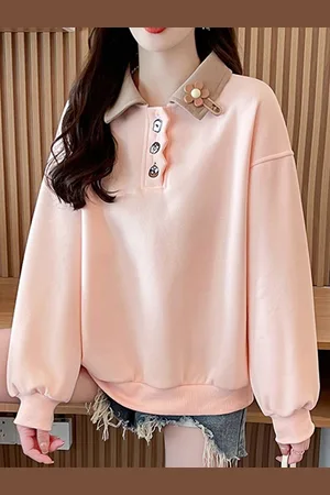 JC Mode Women Shirt Collar Long Sleeves Pullover Sweatshirt