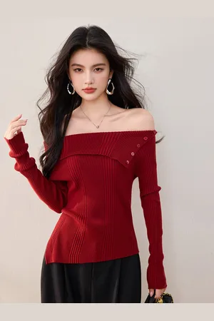 JC Collection Women Ribbed Off-Shoulder Long Sleeves Pullover Sweater