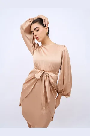 Styli Beige Bishop Sleeves Waist Tie Up Sheath Mini Dress