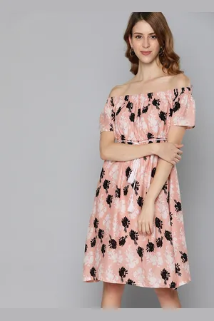 HERE&NOW Women Pink & White Printed Fit and Flare Dress