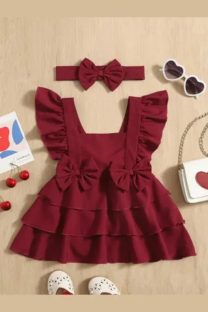 LYTIX Infant Girls Bow Front Square Neck Crepe Flutter Sleeves Ruffle Flare Dress