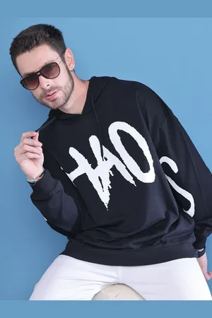 DOOR74 Men Printed Cotton Hooded Sweatshirt