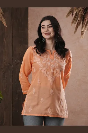 ADAM Co. Women Plus Size Peach-Coloured Chikankari Embroidered Pure Cotton Kurti