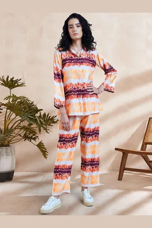 DressBerry Brown and Orange Printed Shirt Collar Shirt & Trousers