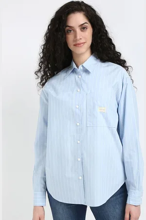 Calvin Klein Women Cutaway Collar Vertical Striped Cotton Relaxed Fit Casual Shirt