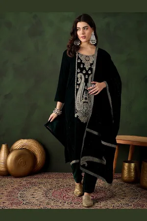 Sangria Floral Embroidered Straight Kurta & Trousers With Dupatta