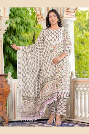 ERISHA Women Floral Embroidered Regular Beads and Stones Pure Cotton Kurta with Trousers & With Dupatta