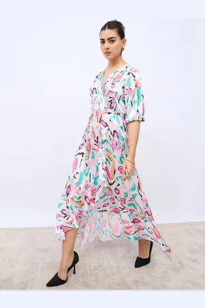 Styli Pink Floral Print Bell Sleeve Fit & Flare Dress