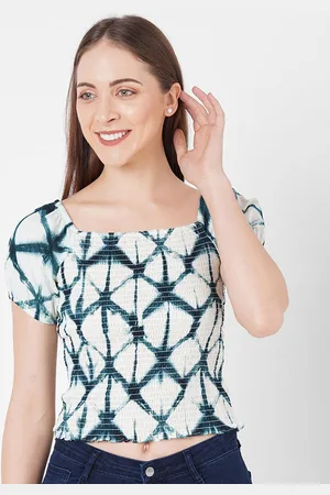 Kraus Women Pure Cotton Tie and Dye Square Neck Smocking Fitted Crop Top