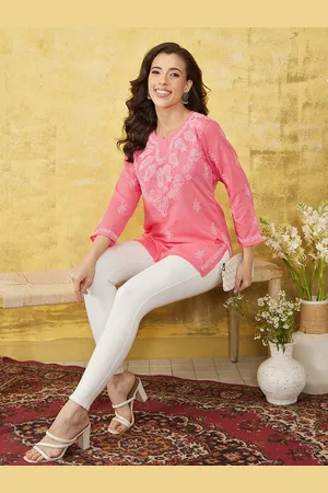 ADAM Co. Women Plus Size Pink & White Chikankari Hand Embroidered Straight Kurti