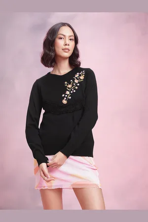 DressBerry Acrylic Floral Embroidered Pullover with Fringed Detail