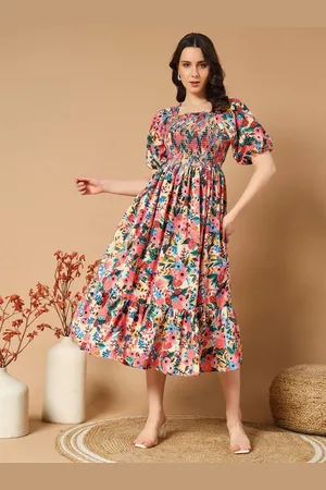 Femvy Ethnic Motifs Printed Square Neck Puff Sleeves Smocked Fit and Flare Midi Dress
