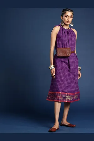 Taavi Checked Shoulder Straps A-Line Woven Festive Ethnic Dress