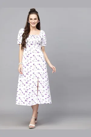BAESD Women Floral Print Puff Sleeve Crepe A-Line Midi Dress