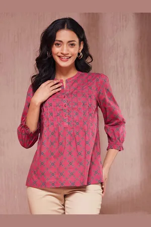 Fabindia Women Cotton Ethnic Motifs Printed Mandarin Collar Puff Sleeves Top