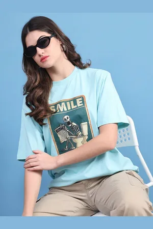 DOOR74 Women Printed Drop-Shoulder Sleeves T-shirt