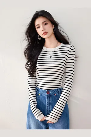 JC Collection Women Striped Round Neck Long Sleeves Pullover