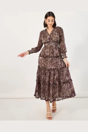 Styli Printed Cuffed Sleeve Tiered Empire Midi Dress