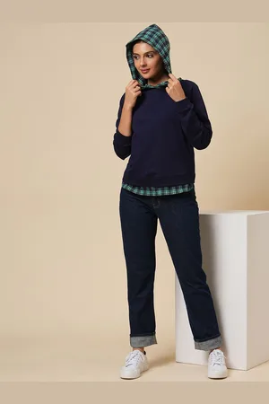 Chemistry Women Solid Checked Cotton Sweatshirt