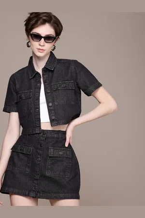 Roadster The Life Co. Denim Pure Cotton Shirt with Skirt Co-Ords