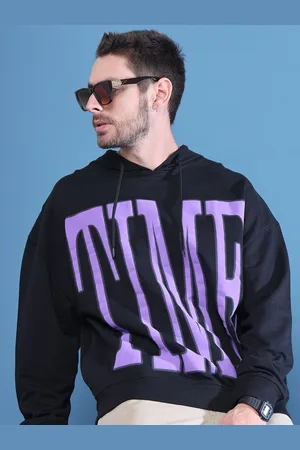 DOOR74 Men Printed Hooded V-Neck Sweatshirt
