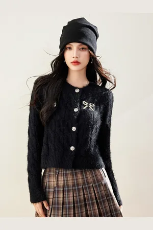 JC Collection Women Cable Knit Round Neck Long Sleeves Cardigan Sweater