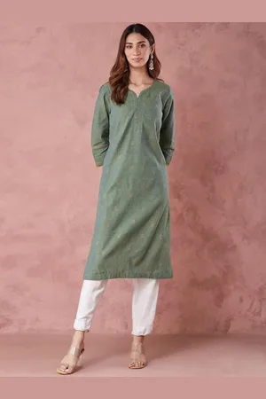 Fabindia Floral Printed Sweetheart Neck Three-Quarter Sleeves Cotton Straight Kurta
