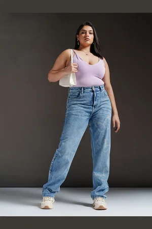 FREAKINS Women Cotton Plus Size Straight Fit High-Rise Light Fade Jeans