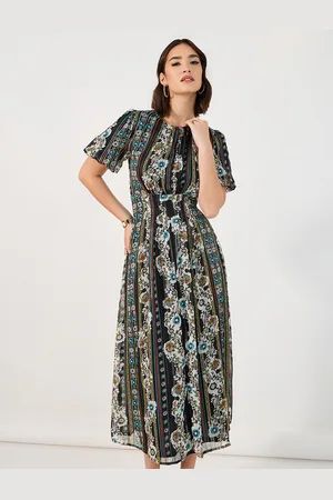 Styli Women Round Neck Floral Print Puff Sleeves Fit and Flare Midi Dress