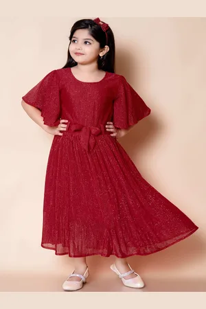 BAESD Girls Flared Sleeve Self Design Embellished Cotton Fit & Flare Maxi Dress