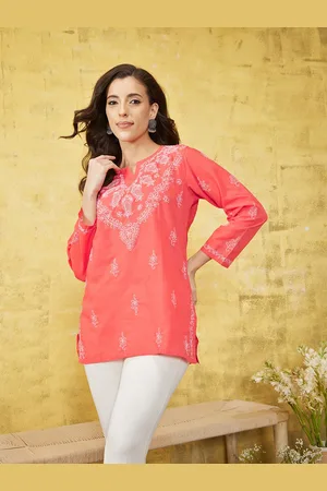 ADAM Co. Women Pink & White Pure Pure Cotton Chikankari Embroidered Straight Pure Cotton Kurti