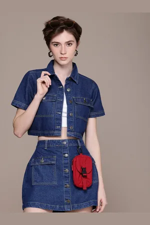 Roadster The Life Co. Denim Pure Cotton Shirt with Skirt Co-Ords