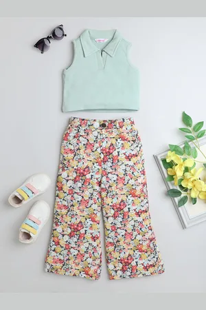 taffykids Girls Self Design Polo Collar Top with Floral Printed Trousers