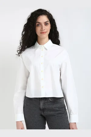 Calvin Klein Women Cutaway Collar Solid Cotton Relaxed Fit Casual Shirt