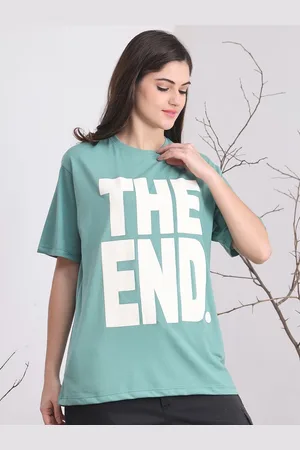 DOOR74 Women Typography Printed Drop-Shoulder Sleeves T-shirt