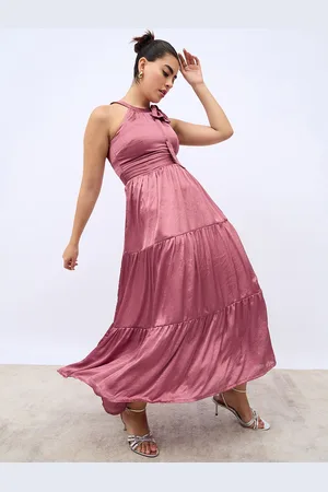 Styli Pink Halter Neck Sleeveless Tiered A-Line Maxi Dress