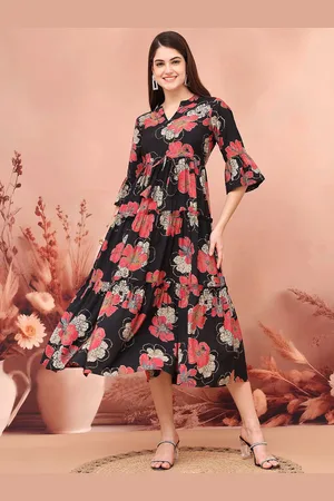 Claura Floral Print Puff Sleeve Fit & Flare Midi Dress