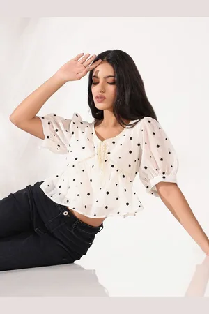 SHOWOFF Women Floral Embroidered Puff Sleeve Peplum Crop Top