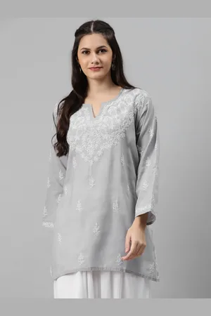 ADAM Co. Women Grey & White Chikankari Hand-Embroidered Pure Cotton Kurti
