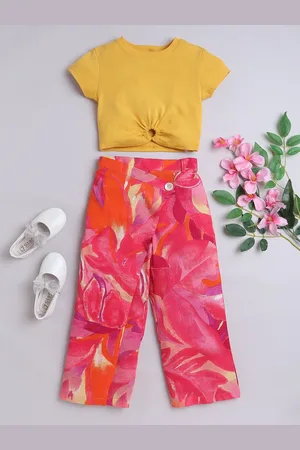 taffykids Girls Cut-Out Detail Crop Pure Cotton Top with Floral Printed Wrap Trousers